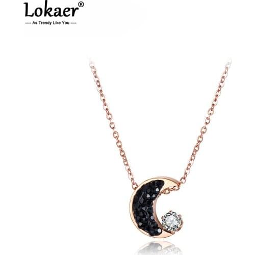 Lokaer Fashion Cubic Zirconia Moon Chokers Necklaces For Women Rhinestone Rose Gold Color Stainless Steel Pendant Jewelry N18036