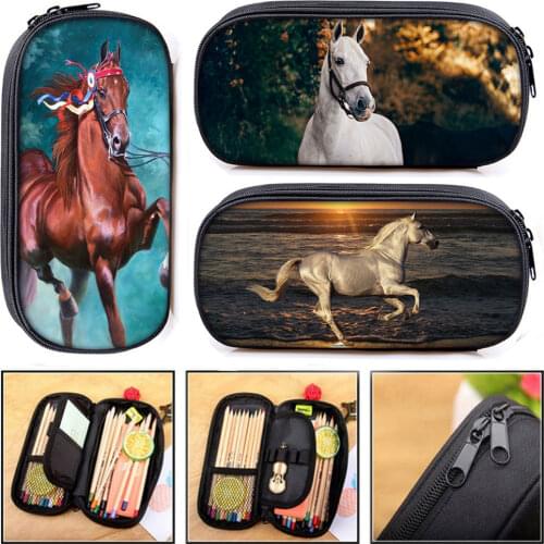 Elegant Animal Horse Print Cosmetic Cases Pencil Bag Boys Pony Pencil Box Children Stationary Bags Kids School Supplies