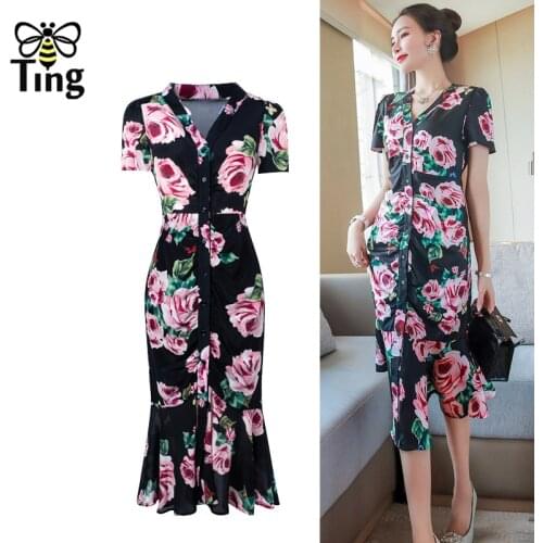 Tingfly Designer Fashion Rose Flower Printing Single Breasted Vintage Mermaid Dress Women Sexy Slim Sheath Summer Vestidos Zaful