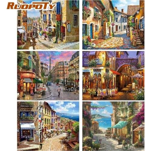RUOPOTY 50x65cm DIY Pictures By Numbers Small town Street Frameless For Adult DIY Minimalist Style Paint By Numbers Kits On Canv