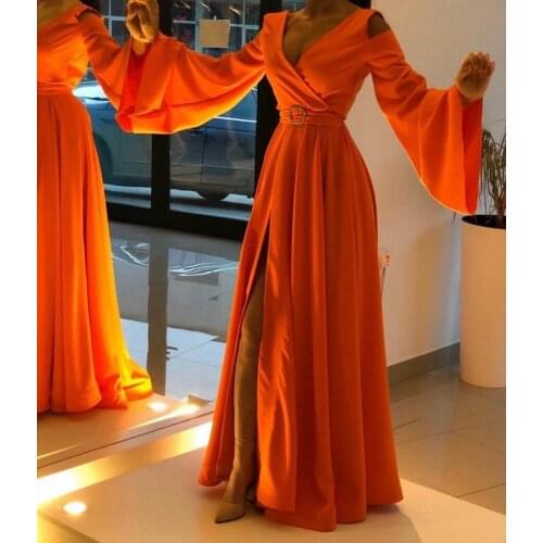 Sexy Long Sleeve Satin V-Neck Evening Dresses with Pockets Floor Length Zipper Back Orange Slit Formal Party Dress for Women