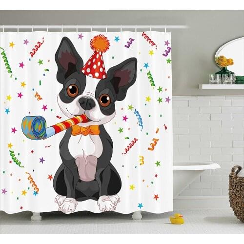Birthday Decorations for Kids Shower Curtain Black and White Boston Terrier with Colorful Party Backdrop Bathroom Curtains
