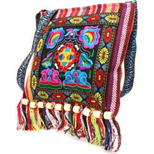 Hmong Vintage Ethnic Shoulder Bag Embroidery Boho Hippie Tassel Tote Messenger Crossbody bag