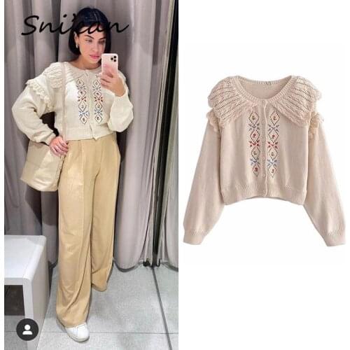 Floral Embroidery Knitted Sweater Peter Pan Collar Loose Casual Female Cardigan Gilet Femme Manche Longue Autumn Winter Za Tops