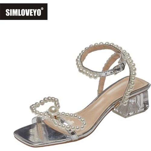 SIMLOVEYO Pearl Crystal Sandals For Women Butterfly Knot High Heels Female 2021 Summer Sweet Wedding Dancing Size US12 B2600