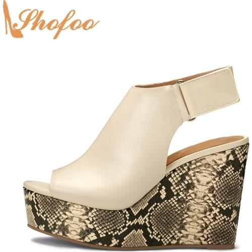 Snake Print Slingback Platform High Wedge Heels Pumps Open Toe Woman Large Size 15 16 For Ladies Fashion Hook&Loop Shoes Shofoo