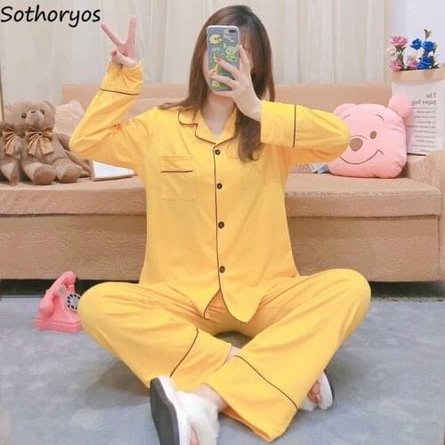 Women Simple Pajama Sets Full Sleeve Tops Ankle Length Pants Fresh Cozy Basic Sleepwear High Quality Lounge Teenagers Trendy New