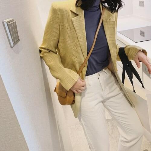 2021 Womens Spring Autumn Plaid Jacket Blazer Za Woman Office Dress Suit Coat Female Clothes Tweed Costume Poncho Korean Yellow