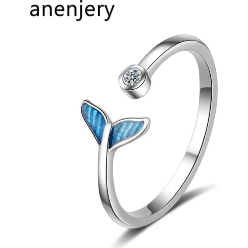 ANENJERY 925 Sterling Silver Romantic Zircon Fish Tail Rings For Women Girl Gift 17mm Adjustable anillos Bague S-R388