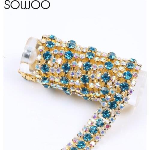 1yards/lot 3 rows close crystal rhinestone chain with SS8 crystal AB and SS16 Aquamarine back stones in middle gold setting