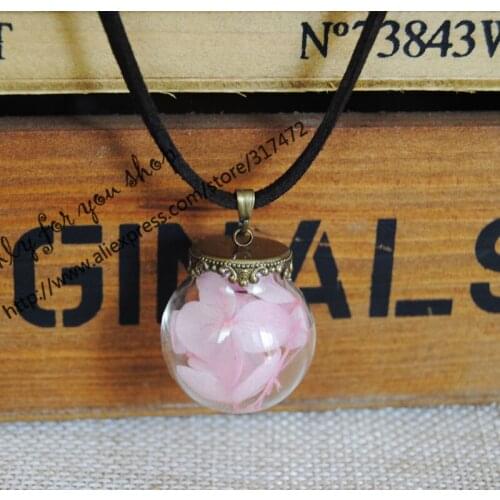 100pcs lobular hydrangea Glass Vial Pendant Necklace Dry Flower Glass Globe Velvet rope Leather necklace 25x15mm glass