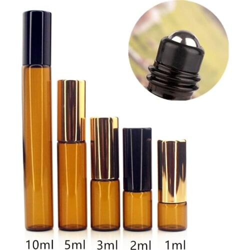 100pcs/lot 1ml 2ml 3ml 5ml 10ml 12ml Thin Glass Perfume Roll on Bottle Amber Essential Oil Bottle with Metal / Glass Ball