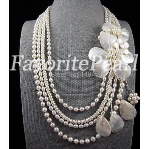 Free Shipping Four Row 6-8mm 24-30 Inches White Color Freshwater Pearl Flower Necklace
