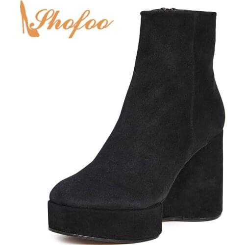 Black Platform High Wedges Short Boots Round Toe Shoes Womens Zipper Plus Size 15 16 Ladies Winter Ankle Booties Sexy Shofoo