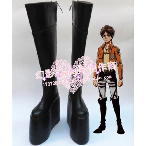 Attack on Titan Eren Jaeger Black Halloween Long Shoes Boots With Thick Heels H016
