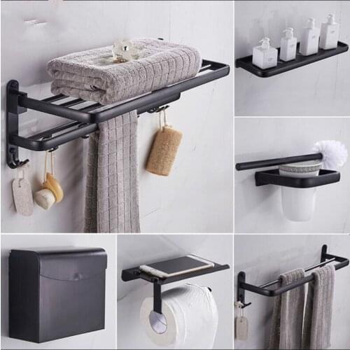 Black Bathroom Accessories Set Space Aluminum Bath Hardware Sets Towel Rack,Paper holder Toilet Brush Holder Robe Hooks