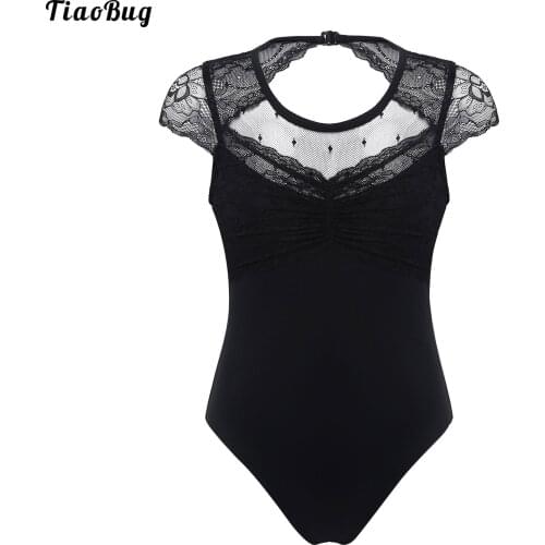 TiaoBug Kids Girls Ballet Dance Bodysuit Solid Short Sleeve Lace Splice Cutouts Back Buckle Gymnastics Leotard Jumpsuit