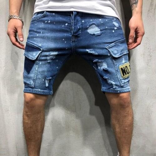 European size loose 2019 NEW summer denim shorts Embroidered mens Jeans Shorts Hip-hop slim shorts Blue light blue S-3XL