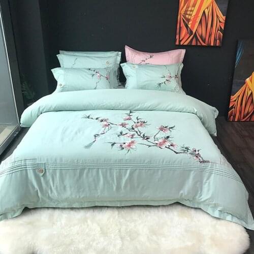 Chinese Style 100% Cotton Sanding Printed Flower Bedding Set Embroidered Bed Sheet Duvet Cover Pillowcase Queen King 4pcs blue