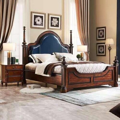 American solid wood leather 1.8m bed master bedroom light luxury European simple luxury villa double marriage bed