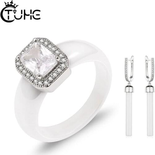 Fashion Luxury Big Crystal Ceramic Rings For Women Elegant Jewelry Set With Long Drop Ceramic Earring Black White Wedding Gift