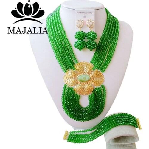 Trendy Nigeria Wedding african beads jewelry set green crystal necklace bracelet earrings Free shipping MO-1914