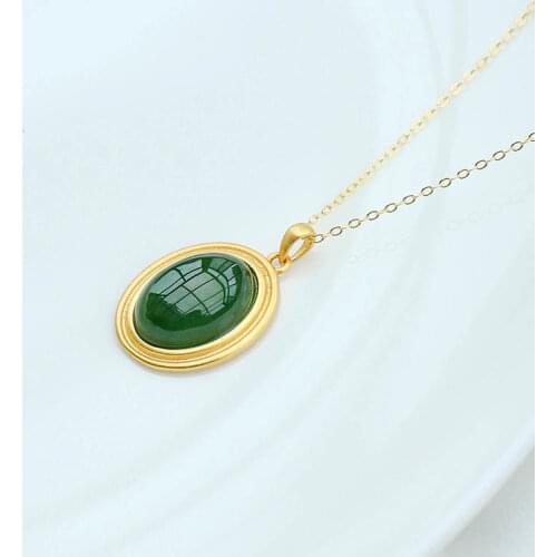 Natural Hetian jade green Oval Pendant Necklace Chinese style retro unique gold craft charm womens silver jewelry
