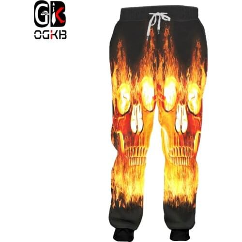 OGKB Hip Hop Style Mens Pants 3d Cool Flame Skull Print Casual Loose Sweatpants Funny Unisex Trousers Male Streetwear Clothing