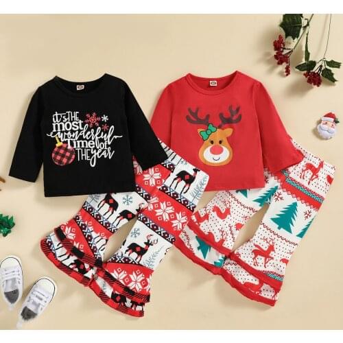 Citgeett Autumn Christmas Toddler Baby Girls Boys Outfits Printed Long Sleeves Tops + Bell-Bottom Pants Xmas Clothes Set