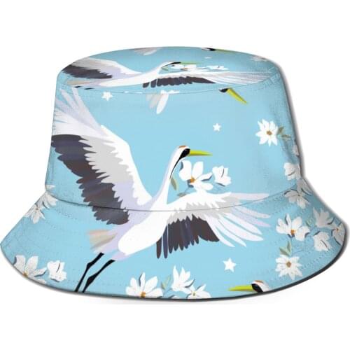 Crane Flying Bird Flowers Unisex Casual Sun Hat Bucket Hat for Men Women Bob Hip Hop Caps Summer Fisherman Hat Panama