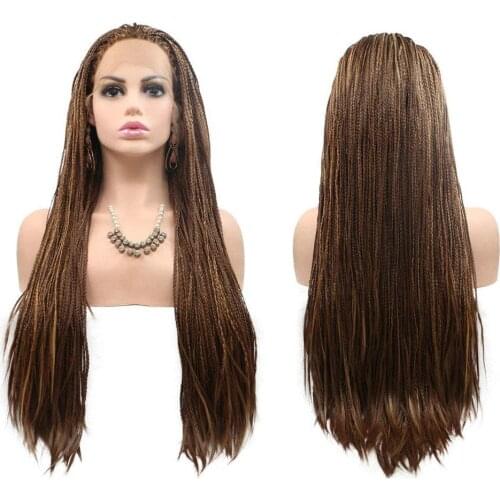 Handmade Box Braided Synthetic Lace Front Wig with Baby Hair Brown Long Big Braiding Braids Wig for Black Women