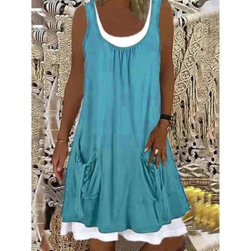 Fake Two Pieces Summer Women Dress Pockets Decorated Sleeveless Beack Dress Solid Loose Beachwear Holiday Female Vestidos