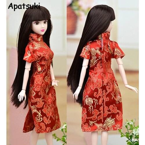 High Quality Red Flower Handmade Dress For Barbie Doll Clothes Cheongsam Chinese Traditional Dress Vestido Qipao Evening Dresses