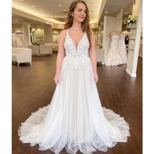 Wedding Dress A-Line V-Neck Spaghetti Straps Backless Lace Appliques Sequined Tulle Floor Length Sweep Train Bride Gown New