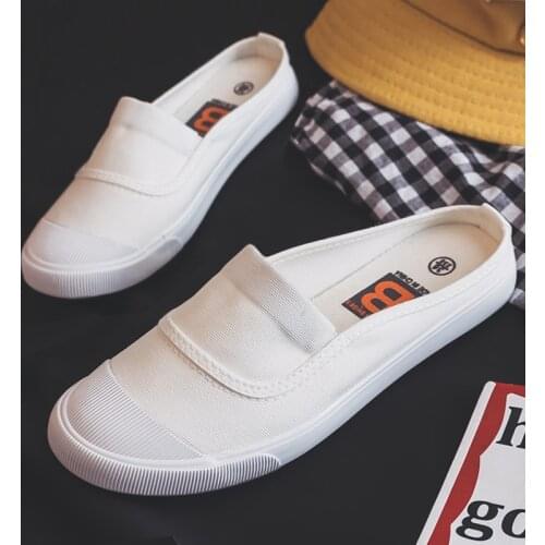 Half Slippers Female Canvas Shoes Without Heel Flat 2018 Summer New Korean Version Of The Wild Lazy One Foot White Shoes