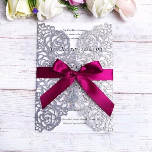 Sliver Glitter Laser Cut Hollow Rose Wedding Invitations Cards with Ribbon for Bridal Shower Party Supplies,Customizable 100pcs