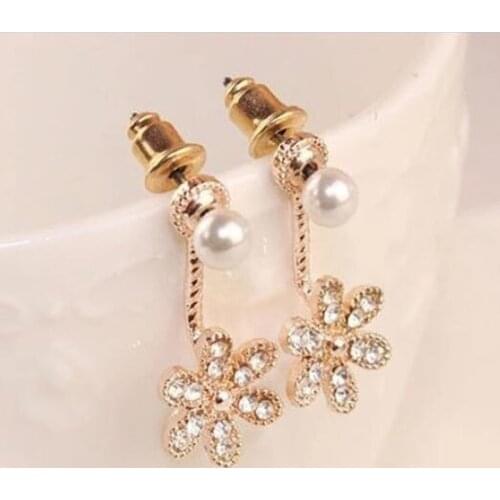 New Fashion Jewelry Rose Gold Color Silver Color Crystal Rhinestone imitation pearl Flower Stud Earrings Free Shipping