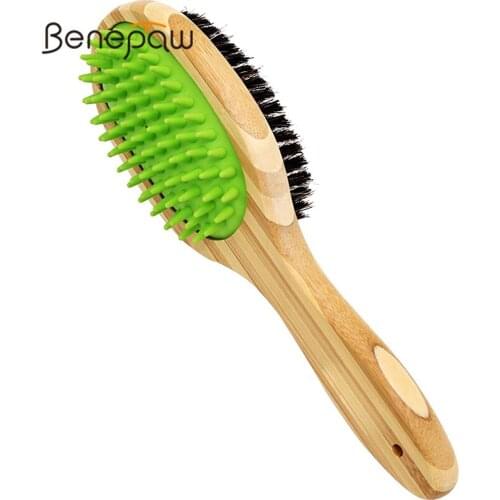 Benepaw Effective Bamboo Double Sided Dog Brush Easy Grip Massage Bathing Rubber Pet Brush Pin Bristle Puppy Cat Grooming