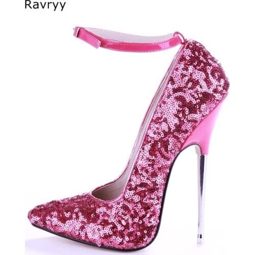Bling bling Woman rose red high heel Pointed Toe Sexy Pumps 16CM metal Thin heel female dress shoes stiletto club party shoes
