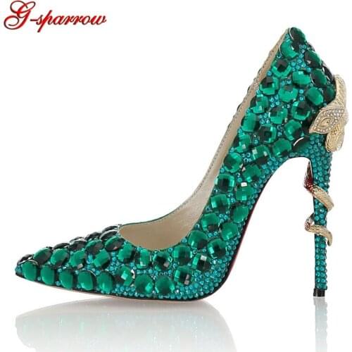 Gorgeous Green Color Bridal Wedding Shoes Handmade Rhinestone Pointed Toe Stiletto Heel Cinderella Prom Pumps 11cm Heels Size 41