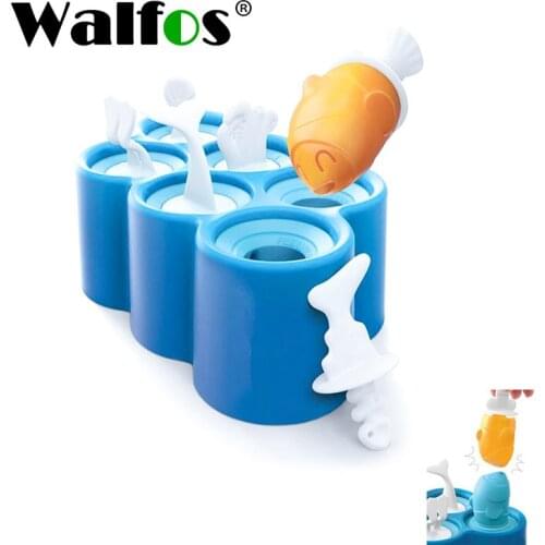 WALFOS 1PC Summer 6 Ugly Fish-shaped Ice Cream Mold Silicone Sticks Ice Mold Cover DIY Cartoon Popsicle Molds Holder