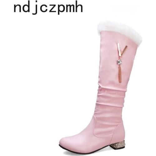 Womens Boots New winter fashion Round head zipper Crystal Low-heeled High tube Womens shoes plus size 31-43 Heel Height 3cm