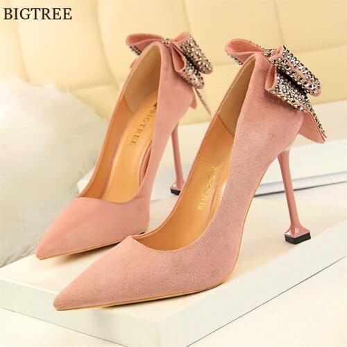 Elegant Crystal Bowtie Women Pumps 2021 Wedding Red Pink Flock Shallow High Heels 9.5cm Sexy Woman Pointed Evening Shoes Autumn