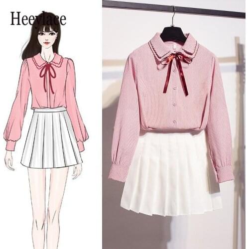 Girl Student Pleated Mini Skirt Set korean Cute 2 Piece Set Women Pink Shirt + White Skirt Autumn 2 Piece Outfits Korean