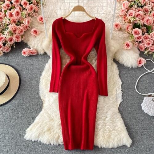 Red Knit Dress for Women Square Collar Long Sleeve Ribbed Bodycon Dress Elegant Ladies Autumn Winter Skinny Sweater Dress Robe