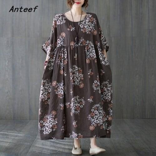 Short sleeve cotton vintage floral dresses for women casual loose long woman summer dress elegant clothes 2021