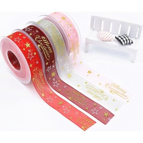5Yards 25mm Organza Christmas Golden Ribbons Tape For Needlework Craft Decarotions Print Ribbons Handcraft DIY Bow