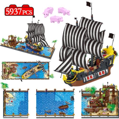 5937PCS City Pirates Ship Model Building Blocks Bay Dock Adventure Sailboat Sea Boat MOC Bricks Education Toys for Children Gift