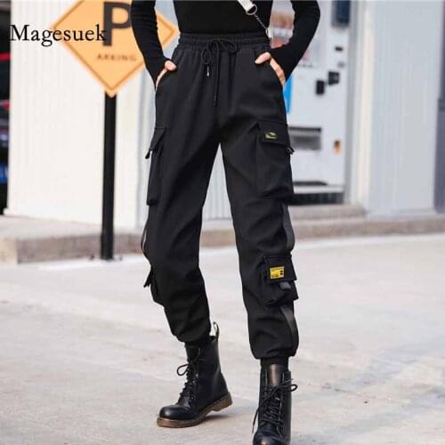 Ankle Length Loose Elastic Waist Trousers Casual Plus Size Pants Fashion Black Drawstring Women Streetwear Cargo Pants 12825