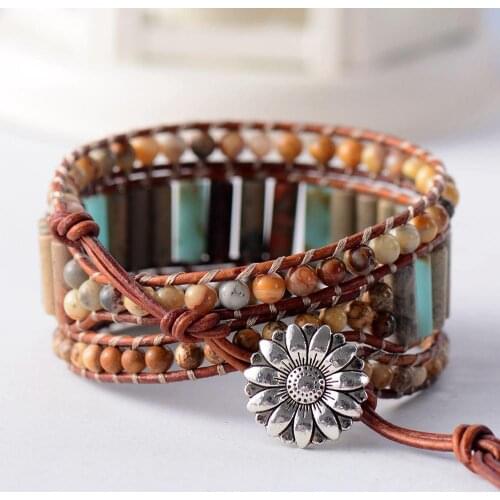 Boho Bracelet Unique Tube Shape Natural Stone 3 Layers Leather Wrap Bracelets Bohemian Women Statement Bracelet Dropshipping